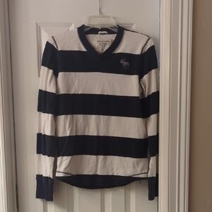 Abercrombie & Fitch Navy and White Striped V-Neck Long Sleeve Shirt
